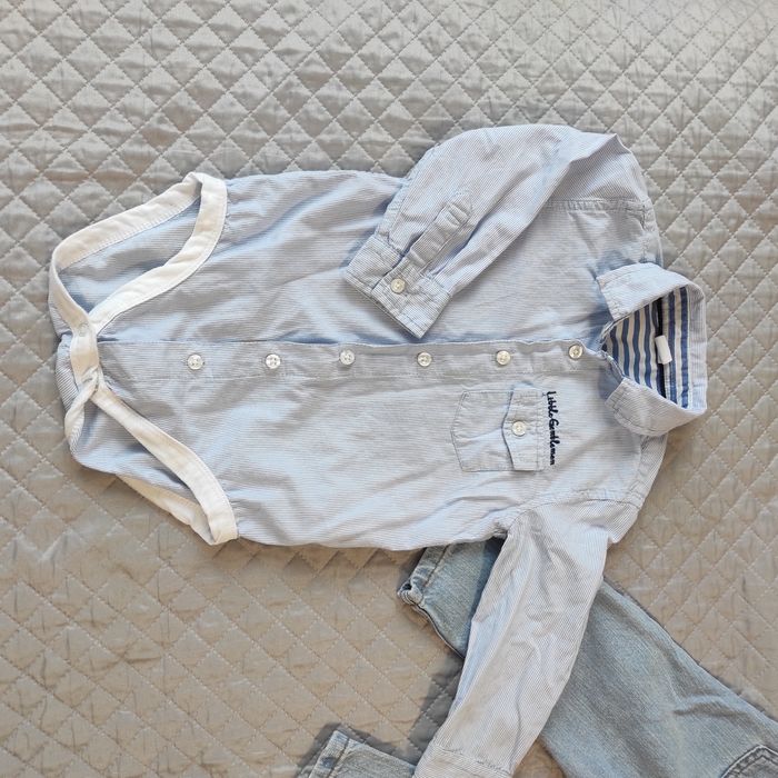 Roczek Zestaw elegancki spodnie jeansowe na szelkach i koszulobody