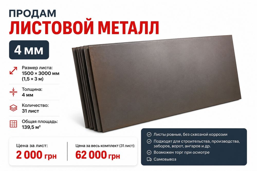 Листовой металл 4 мм, 1500×3000 мм, 31 лист, 139,5 м²