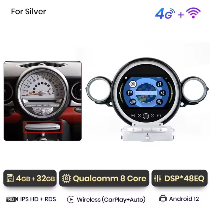 Rádio Android Mini R56 R60 8CORE 4/32GB Carplay 4G GPS controlo voz
