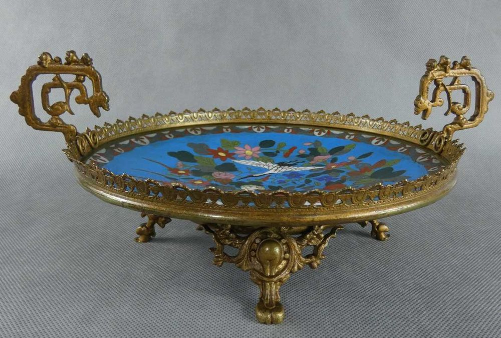 PATERA talerz emalia CLOISONNE kwiat ptak żuraw MISA taca