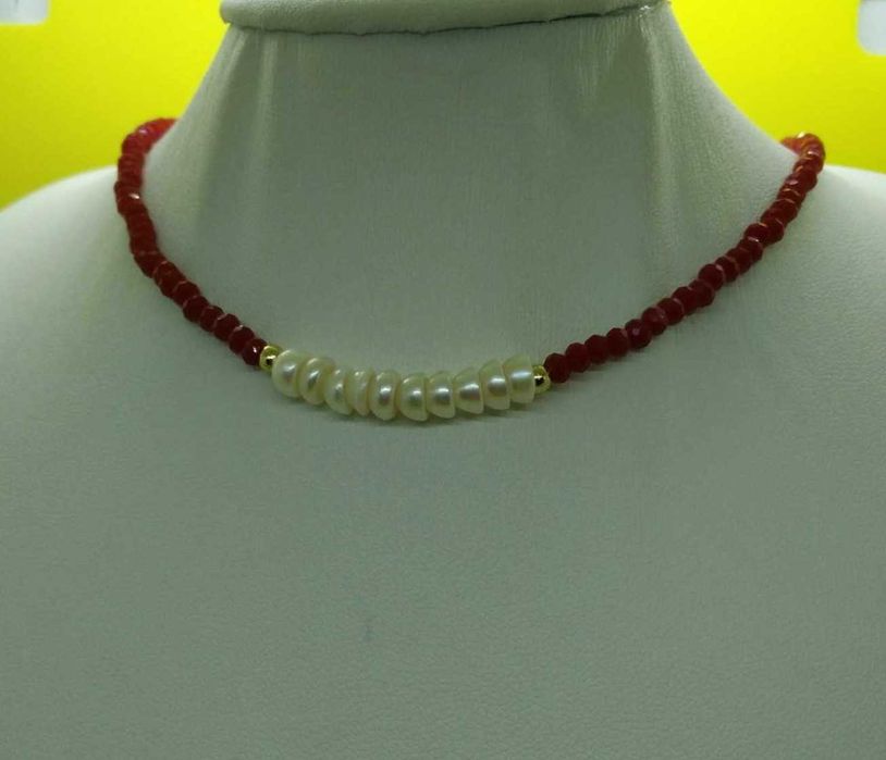 Colar Contas Vidro Facetadas Bordeaux e Perolas NOVO