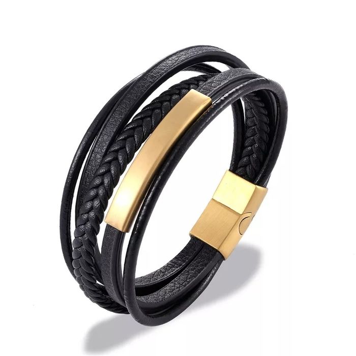 Elegancka skórzana bransoletka z metalowym okuciem - złota