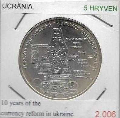 Ucrânia -  - 5 Hryvnen - 2006 - -- Recuperação da -  Hryvnia - - Moeda