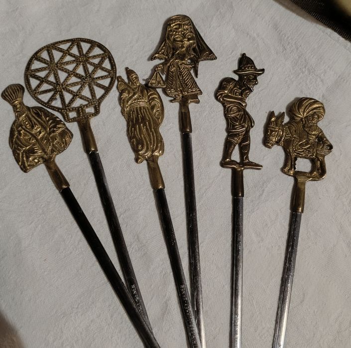 6 espetos vintage Turcos para churrasco em aço inoxidável,pegas  latão