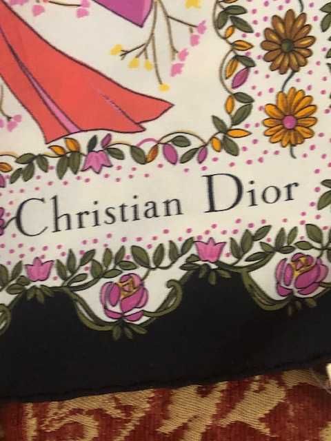 Lenço 100% seda natural Christian Dior desenho floral com violino