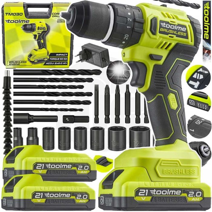 Wiertarko Wkrętarka UDAROWA Bezszczotkowa * 2xAKKU 21V Li-ion *  Toolme TM030 * NOWA * GW24