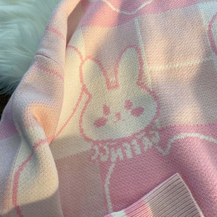Damski Sweter Oversize w Serca z Motywem Królika Harajuku Kawaii - L