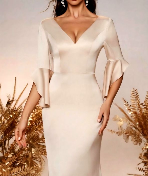 OKAZJA nowa elegancka długa maxi sukienka beżowa 36 s 38 m