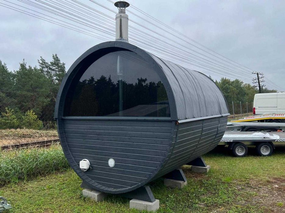 Sauna ogrodowa z piecem opalanym drewnem panorama ławeczka beczka 8 os
