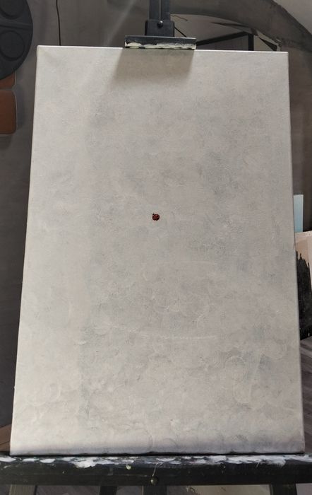 A pintura é decorativa, em acrílico, medindo 20 x70 cm. "Joaninha