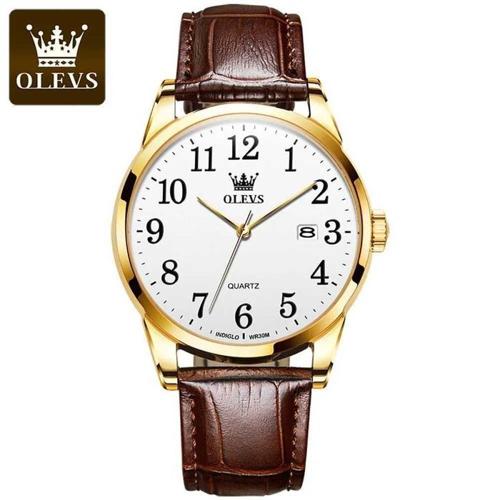 Klasyczny zegarek kwarcowy Olevs 39mm złoty biała tarcza pasek brązowy