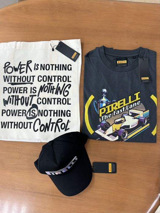 T-shirt Pirelli + kit boné e saco