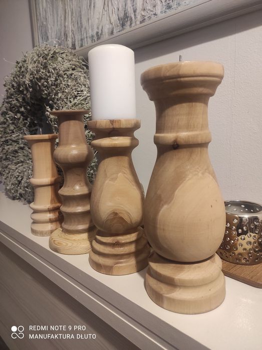 Świeczniki drewniane toczone vintage rękodzieło