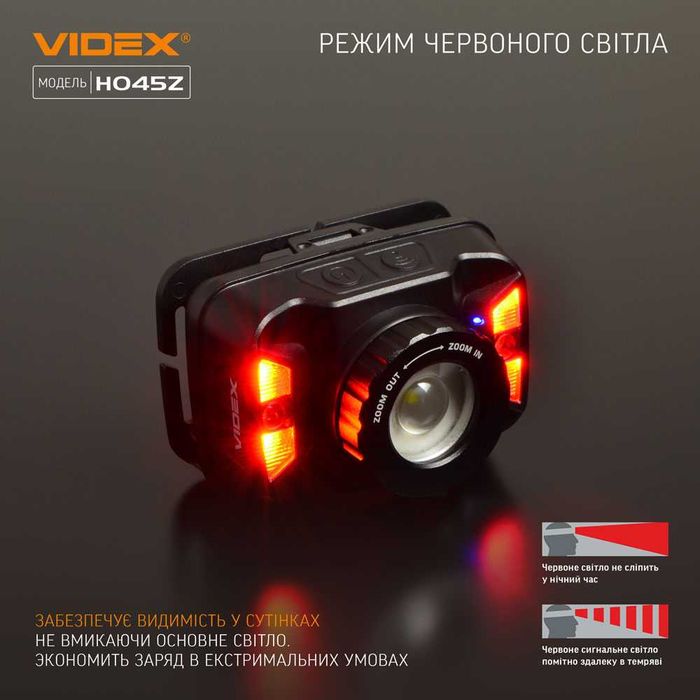 Якісний VIDEX - налобний світлодіодний ліхтарик VLF-H045Z 270Lm з лінзою та фокусуванням. Оригінальний ліхтар відекс 045 з червоним світлом; type C
