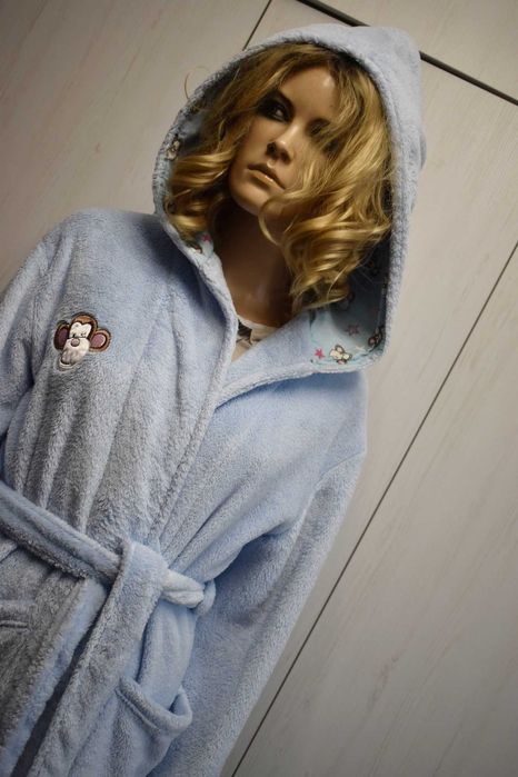 Szlafrok S M 36 polarowy pluszowy ciepły z kapturem do kolan polar