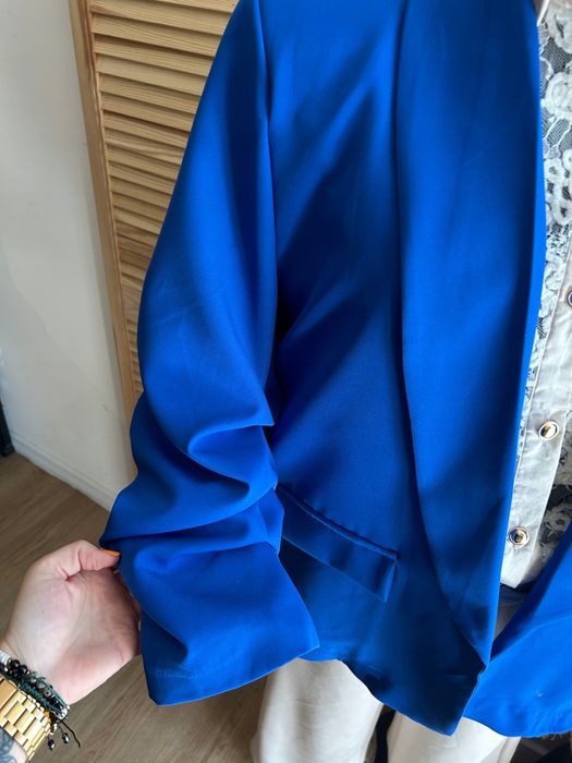 Marynarka damska Plus Size – elegancka Luźny krój rękaw 3/4 chabrowa