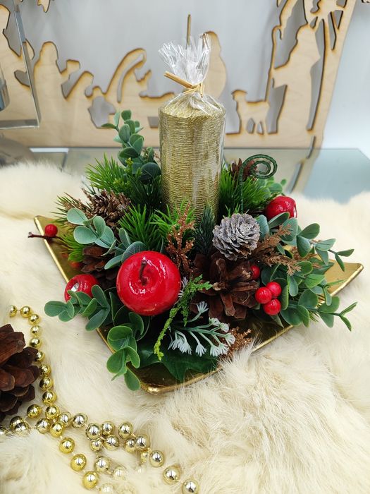 Stroik ze świecą Boże Narodzenie czerwono złoty świąteczny