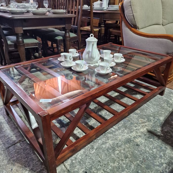 Duża ława stolik mahoniowa drewniana z szybą Antyki Stylowy Węgrów #92