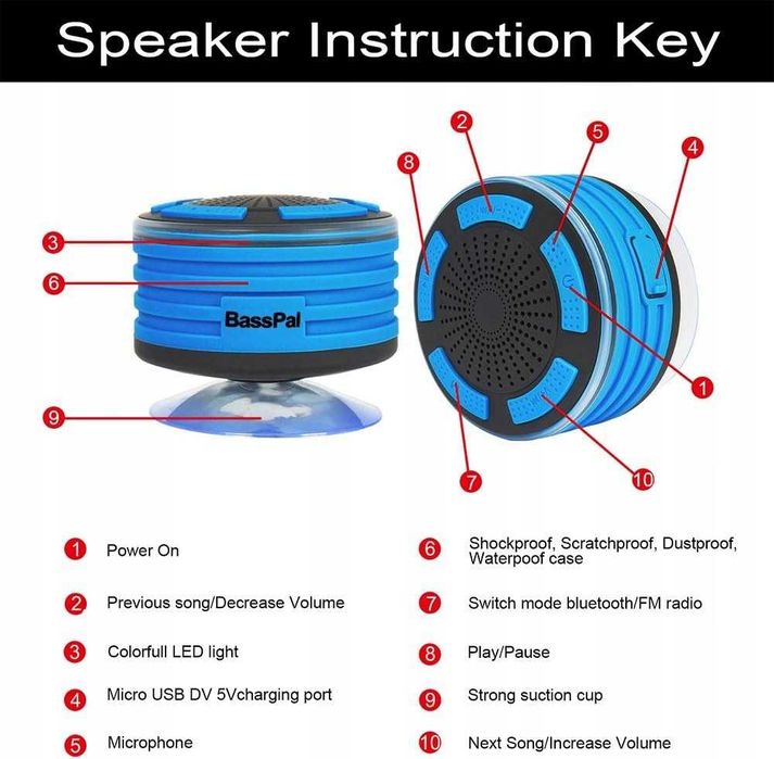 Expower Wodoodporny Głośnik Bluetooth z Przyssawką do prysznica 5W LED