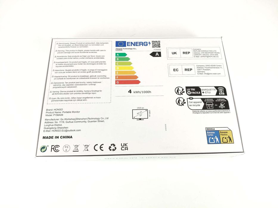 HONGO P156A06 15,6 cala 1920x1080 FHD przenośny monitor, USB-C, HDMI