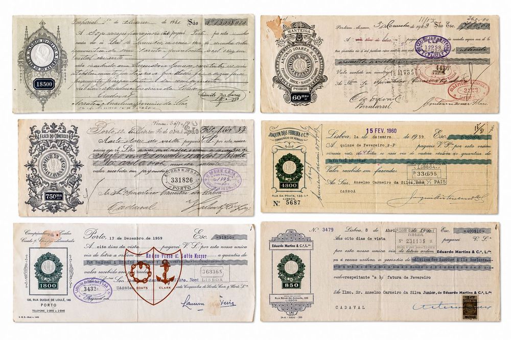 COLEÇÃO DE 13 LETRAS DE CÂMBIO ANTIGAS (1880–1960) – Período da Monarquia, Primeira República e Estado Novo