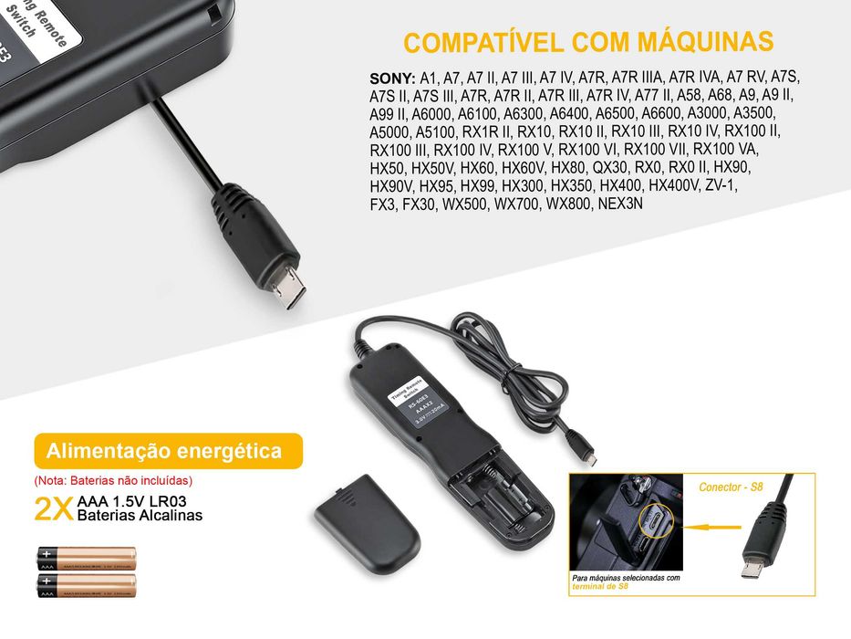 Temporizador disparador de controlo remoto para Sony (Conexão S8)