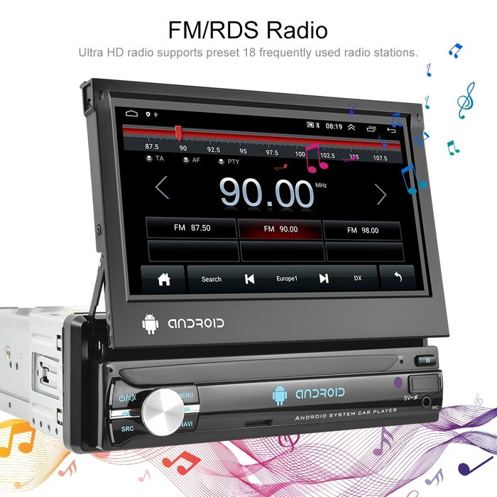 Rádio Android 1din Retrátil 8-core GPS Wi-Fi 4G Qled DSP CARPLAY 4/64G