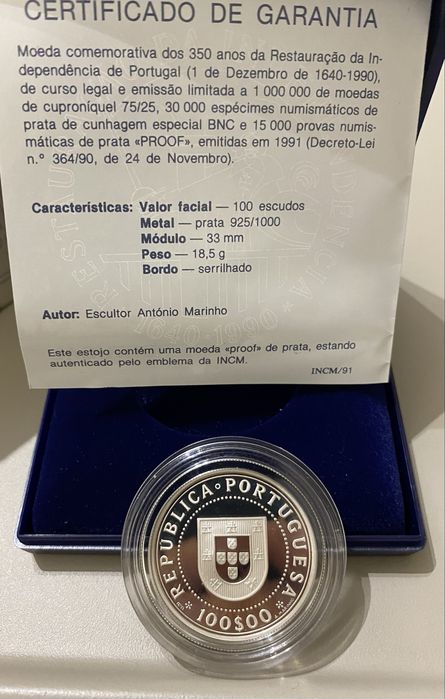 Moeda Prata Proof - 100 Escudos Rest. Da Independencia 1990