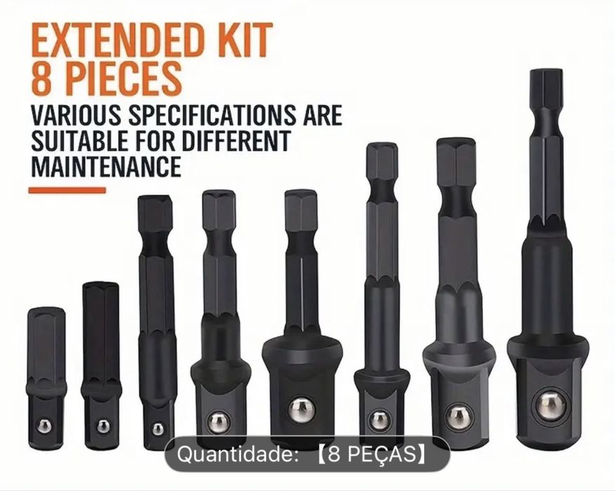 Kit 8 Adaptadores de Chave de Impacto Hexagonal (1/4" 3/8" 1/2")