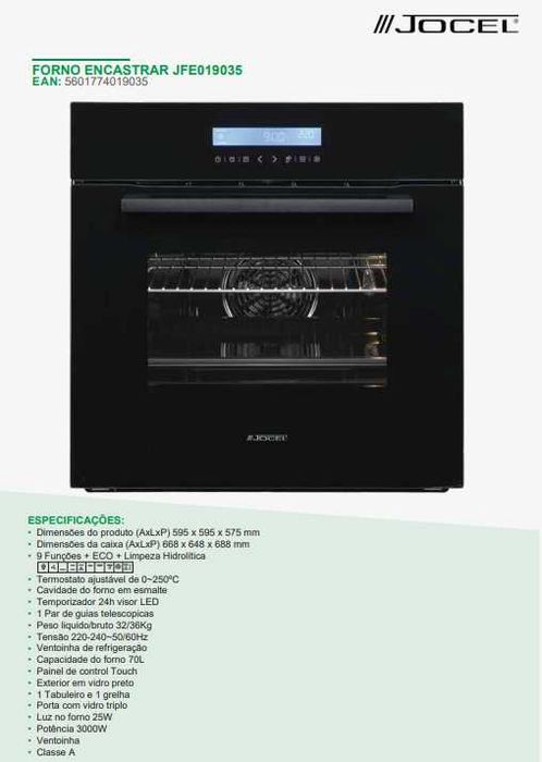 Forno Encastre Hidrolítico 70L Painel Touch Jocel