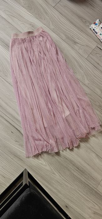 Tiulowa spódnica maxi S pudrowy róż w kropeczki