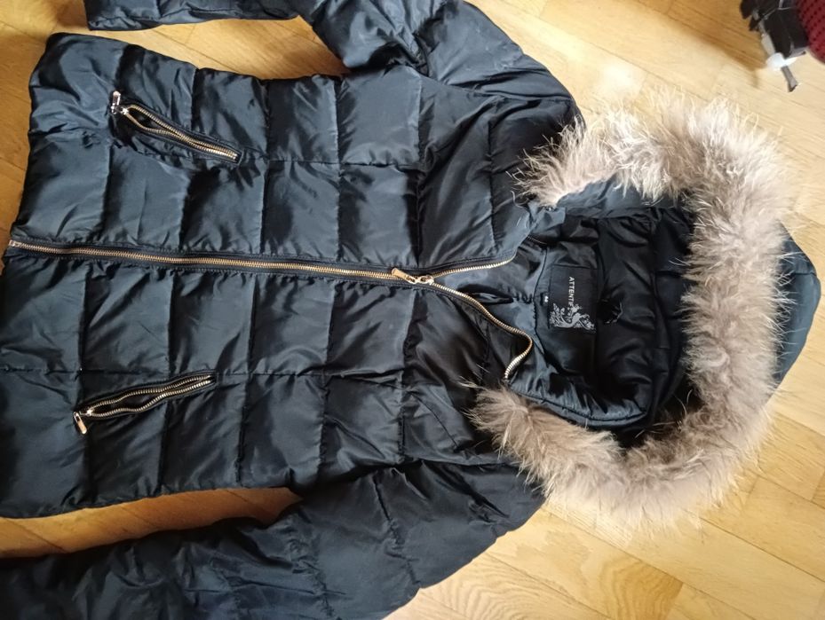 Damska kurtka puchowa M/L futro kaptur 38/40