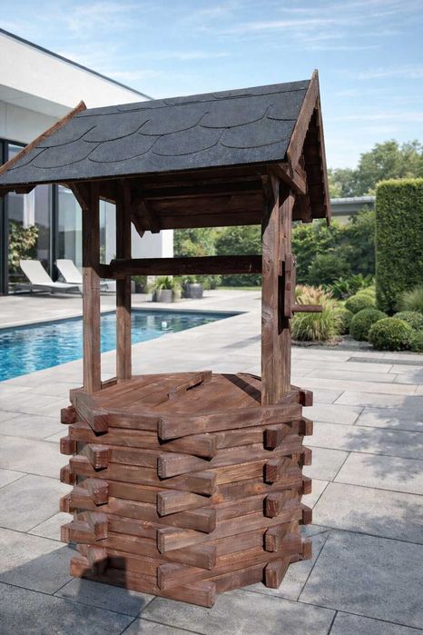 Studnia ogrodowa drewniana 60 cm obudowa na krąg betonowy Kran Szambo