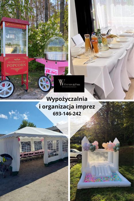 Wynajem elagancki zamek dmuchany, namioty imprezowe, wata, popcorn