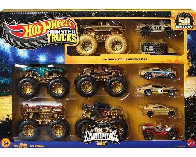BIG ZESTAW 11 AUT HOT WHEELS MONSTER TRUCK Trophy Champions POZŁACANE