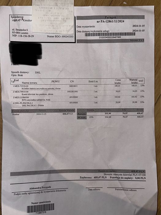 Zlew z baterią i korkiem klik-klak