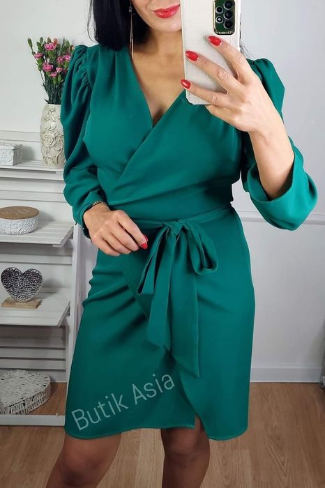 Sukienka kopertowa zielona 38/M emo kenzi bufki nowa