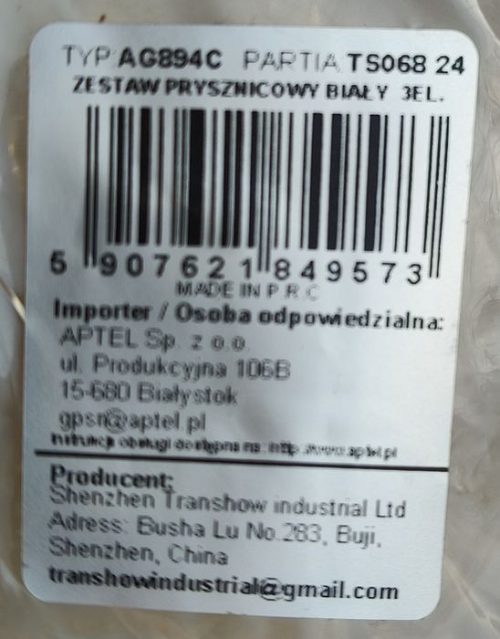 słuchawka prysznicowa + wąż + uchwyt - biała