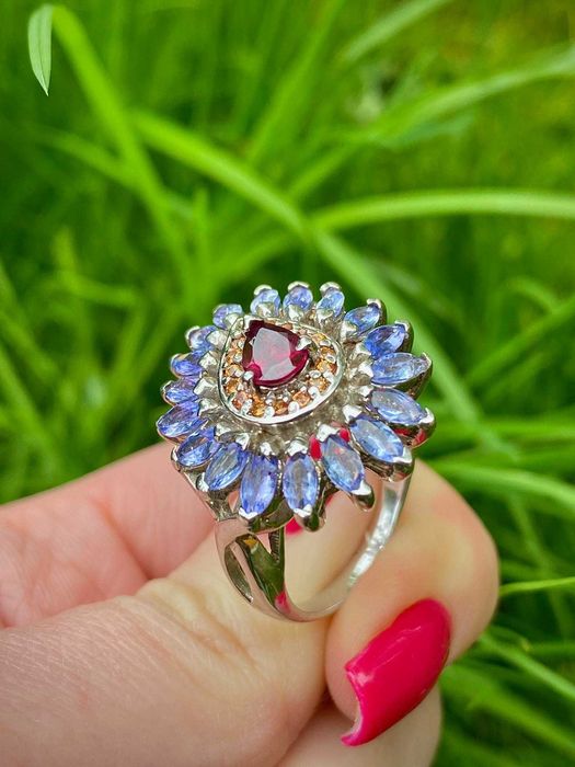 Srebrny pierścionek  z naturalnymi Tanzanitem i Granatem!!!