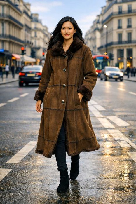 Casaco longo de Shearling marrom com gola e punhos em pele – Modelo feminino – Tamanho L/XL
