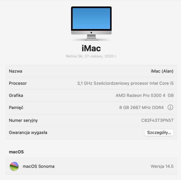 Apple iMac 27" Retina 5K (2020) – i5  – Stan idealny