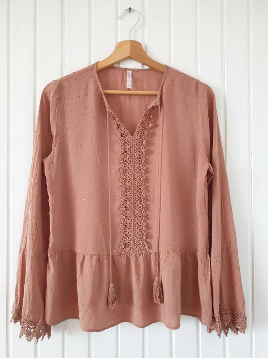 Romantyczna Elegancka Bluzka Z Koronką W Kolorach Ziemi W Stylu Boho Folk Premium M