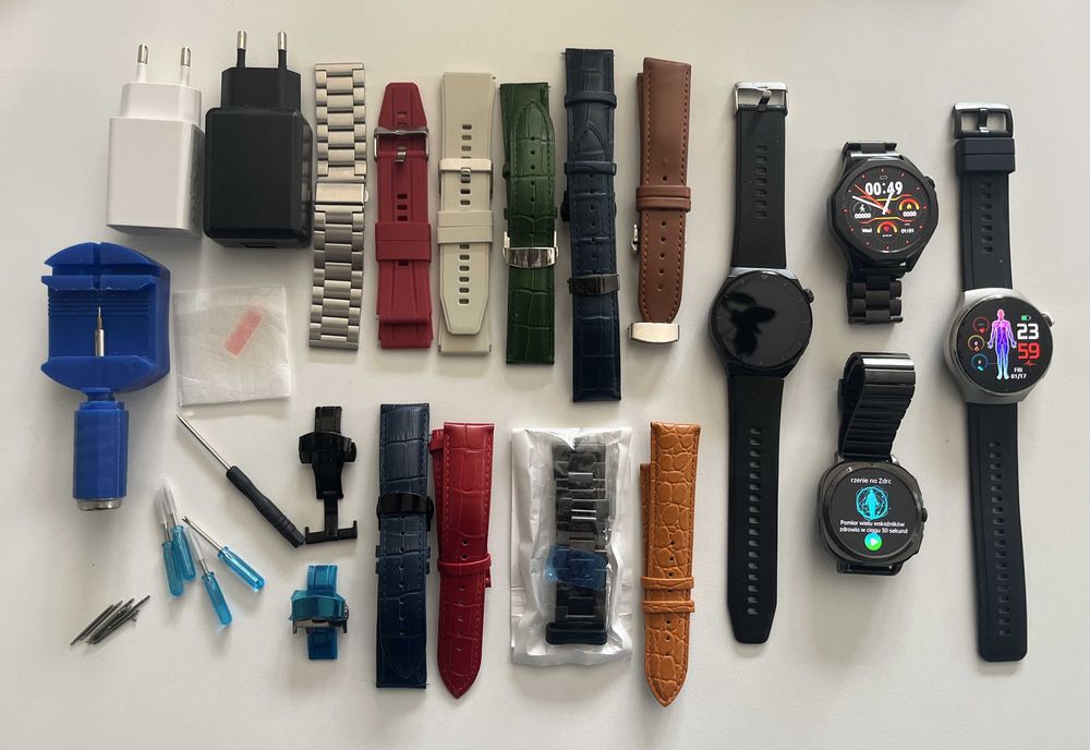 Zestaw 7 zegarków smartwatch, akcesoria, paski, ładowarki i narzędzia!