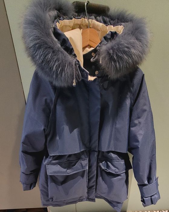 Parka kurtka płaszcz puch naturalny lis kołnierz 36 38 40 S M L