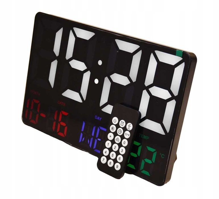 Zegar Cyfrowy Ścienny Biurkowy LCD Data Temperatura Alarm Budzik Pilot