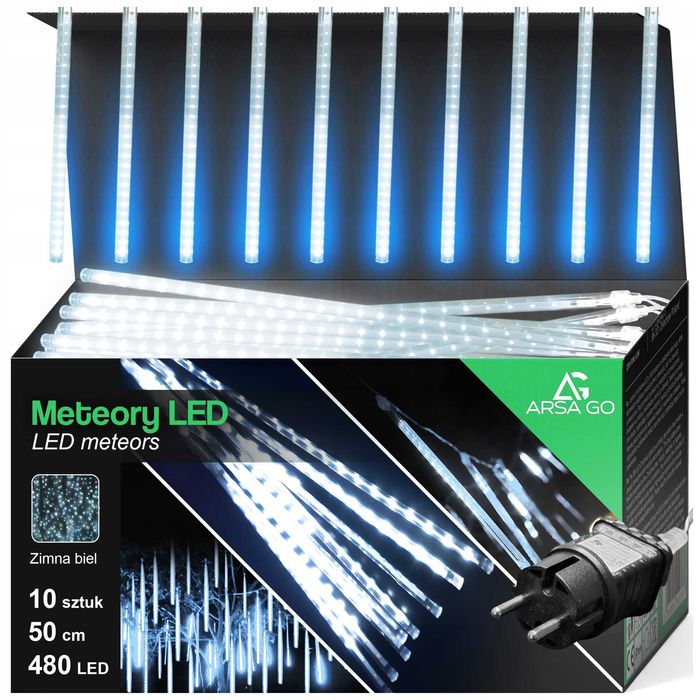 Lampki Zewnętrzne Sople Led 480 50cm X10 Padający Śnieg Meteory Kurtyn