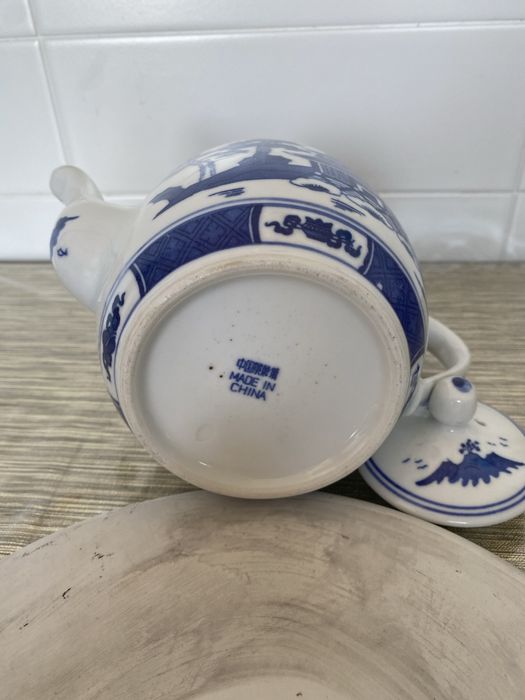 Serviço de bule de chá em porcelana chinesa azul e branca com bandeja