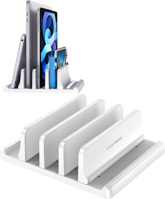 Vaydeer 5‑in‑1 – Pionowy stojak na laptopy, 3 regulowane sloty, ABS, organizer biurkowy