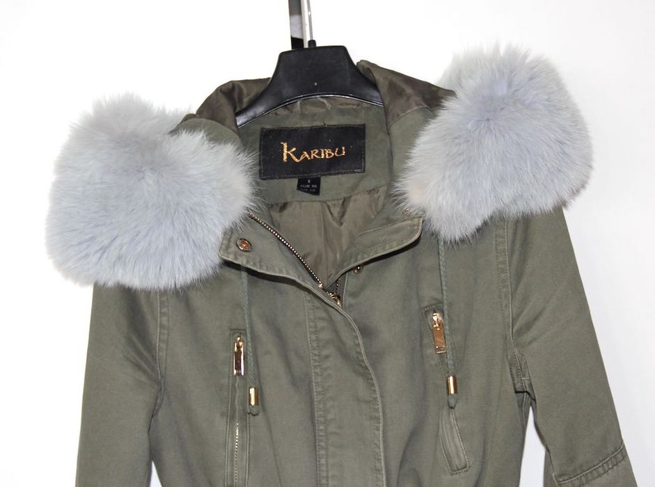 karibu kurtka płaszcz parka khaki futro królik niebieska s 36
