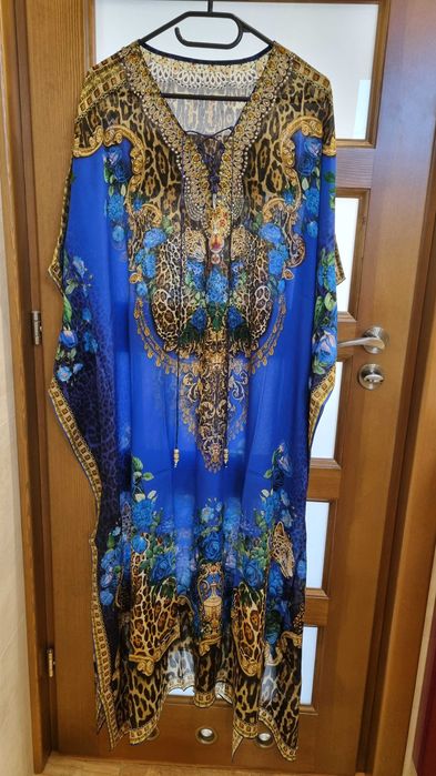 Sukienka jedwabna kaftan tunika Swarovski złoto